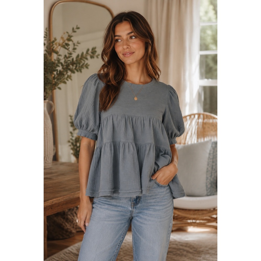 By Together Top Women Small Blue Gauze Tunic Boho Peasant Coastal